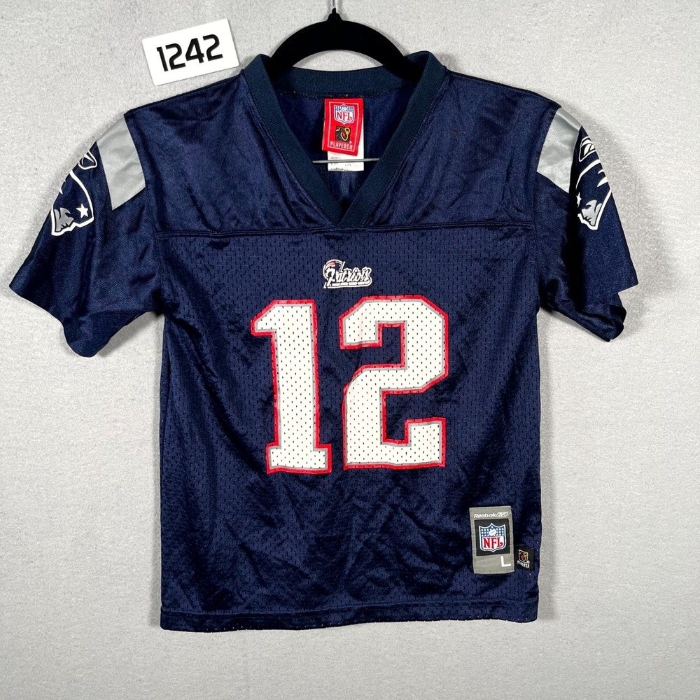 New England Patriots 12# Tom Brady Jersey Boys Large Navy Blue NFL Reebok V Neck